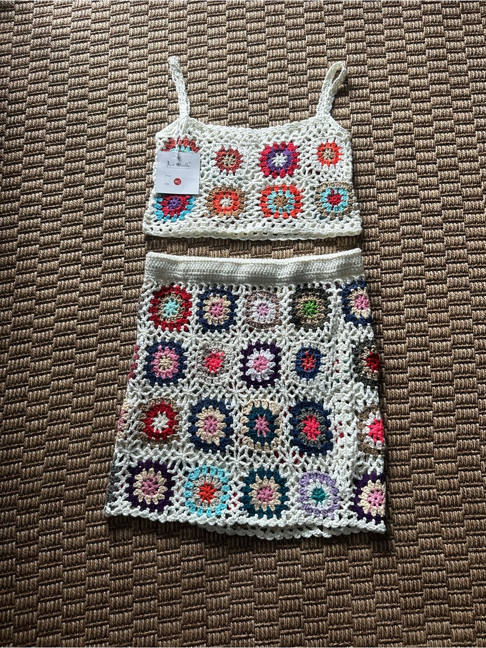 Handmade Crochet Two-Piece Swim Coverup Set - Cream with Multicolor Motifs